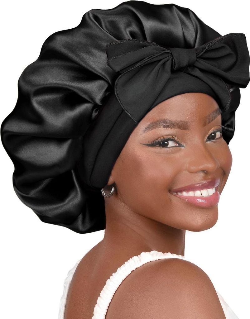 OKWISH Schlafmasken, Elastische Seiden-Schlafmütze mit Antirutsch-Band, Bequeme, Stylische Schlafhaube für Optimalen Komfort und Schutz, Schwarz