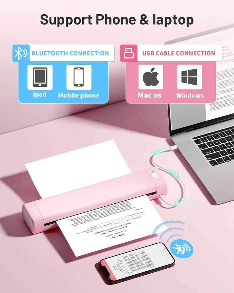 Imprimante A4 sans fil Bluetooth Phomemo M08F thermique Rose compacte