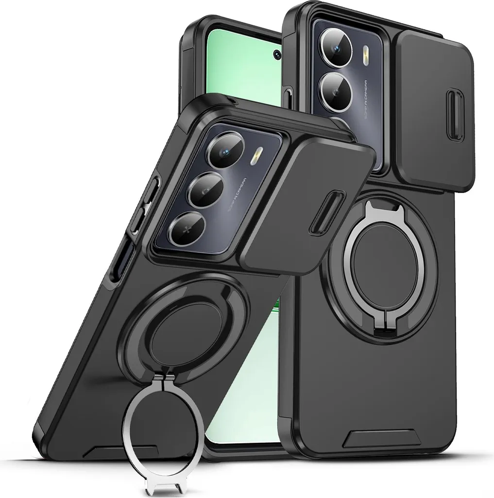 Custodia a doppio strato per Realme C75 4G, copertura della fotocamera scorrevole e supporto ad anello magnetico Nero
