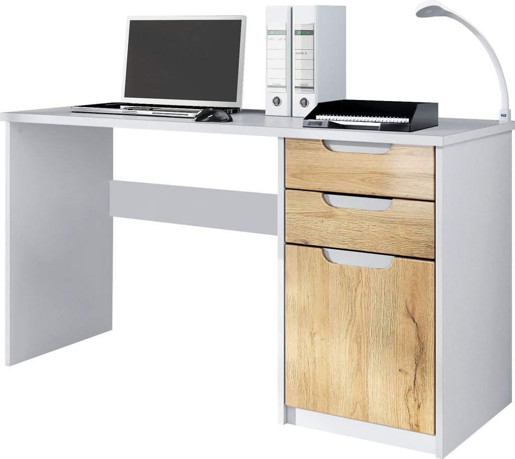 Vladon Schreibtisch Logan, Germany, Bürotisch mit 2 Schubladen und 1 Tür, Weiß matt/Eiche Natur (129 x 76 x 60 cm)