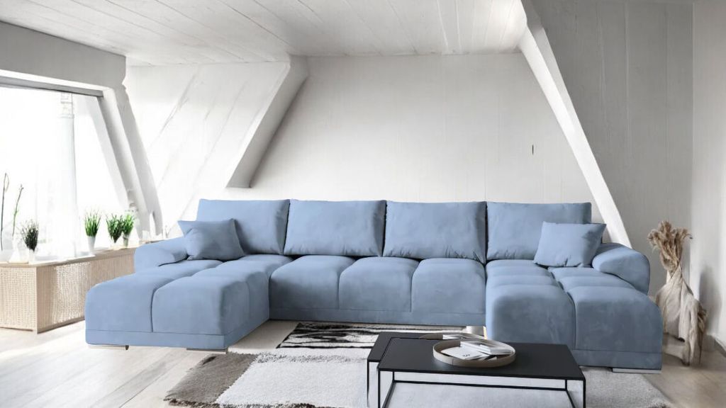 Modernes Ecksofa SYDNEY U Wohnlandschaft U-Form Farbe Monolith 72 Hellblau Breite 385 cm Ecke mit Schlaffunktion 292x 128 cm und und Bettkasten