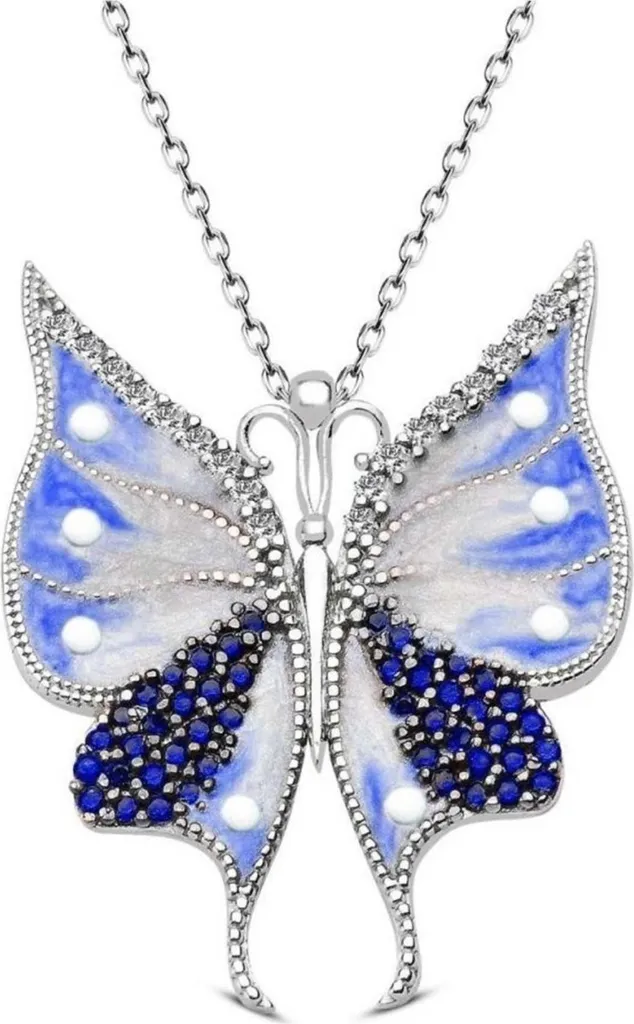 Collier argent 925 anti-allergie femme, pendentif papillon bleu