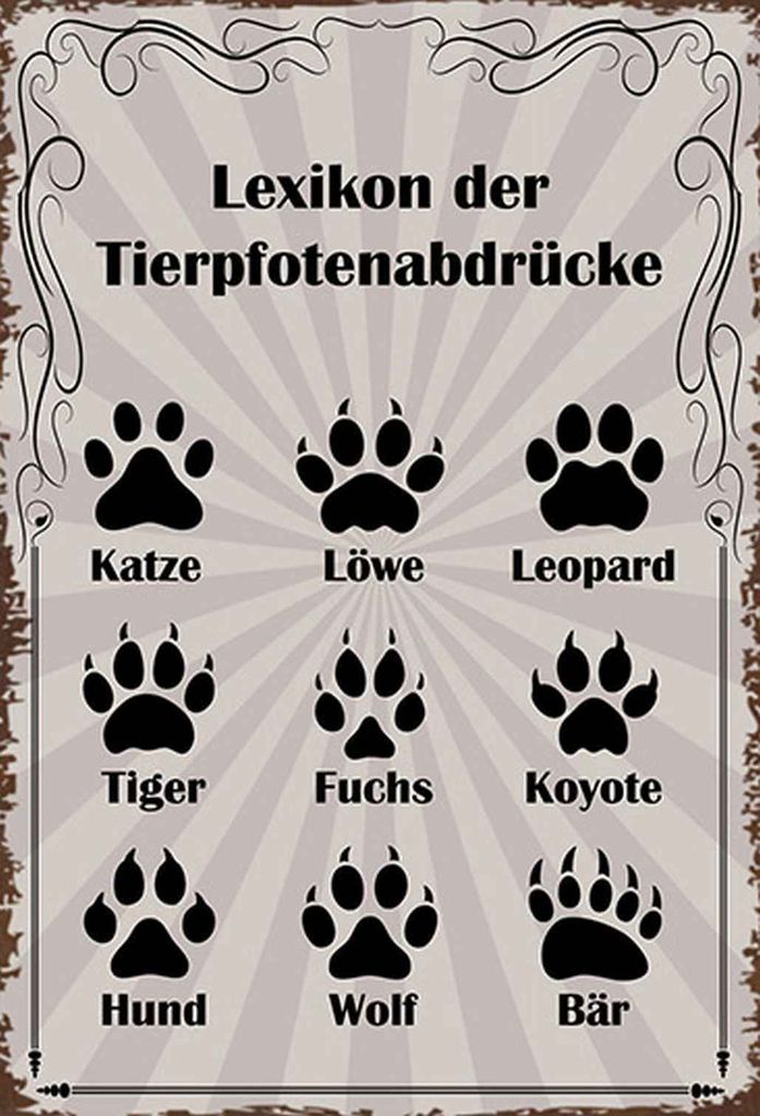 vianmo Holzschild 30x20 cm Lexikon Tierpfotenabdrücke Tiere Produktbild 