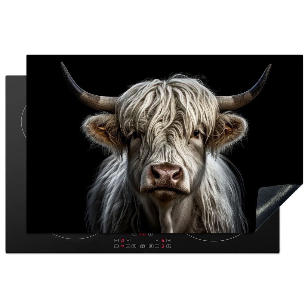 KitchenYeah Herdabdeckplatte Schottischer Highlander - Tiere - Kühe - Porträt - Schwarz , 80x52cm, Küche Deko, Glaskeramikkochfeld Herdabdecku...