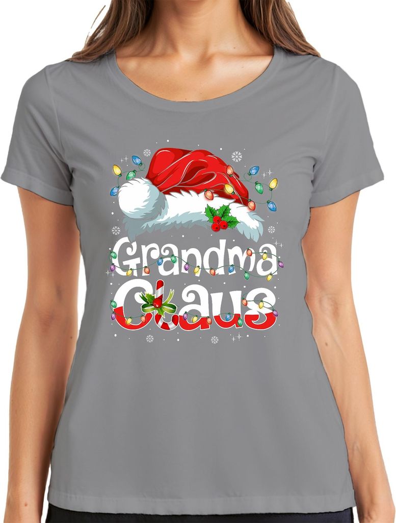 Grandma Claus Weihnachten Oma Geschenk Lichterkette Zuckerstange Damen T-Shirt, Grau, M