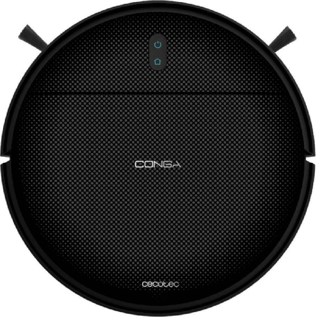 A top-down view of a black robot vacuum cleaner.