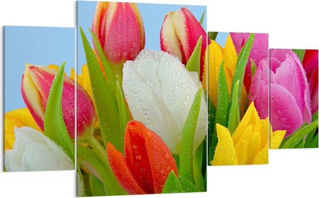 Bild auf Leinwand - Leinwandbild - Tulpen Blumenstrauß Blumen Tau - 160x90cm - Wand Bild - Wanddeko - Leinwanddruck - Bilder - Kunstdruck - Wandde...