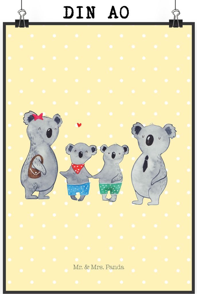 Mr. & Mrs. Panda Bild Koala Familie zwei DIN A0 - Gelb Pastell - Geschenk, Wandbild, Muttertag, Koalabär, Wanddekoration, drucke, Kunstdruck, wand...