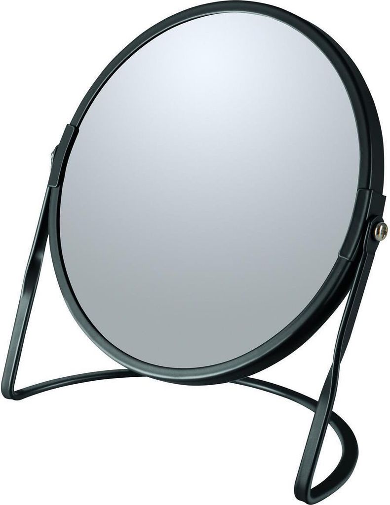 A black makeup mirror with a stand is shown against a white background.