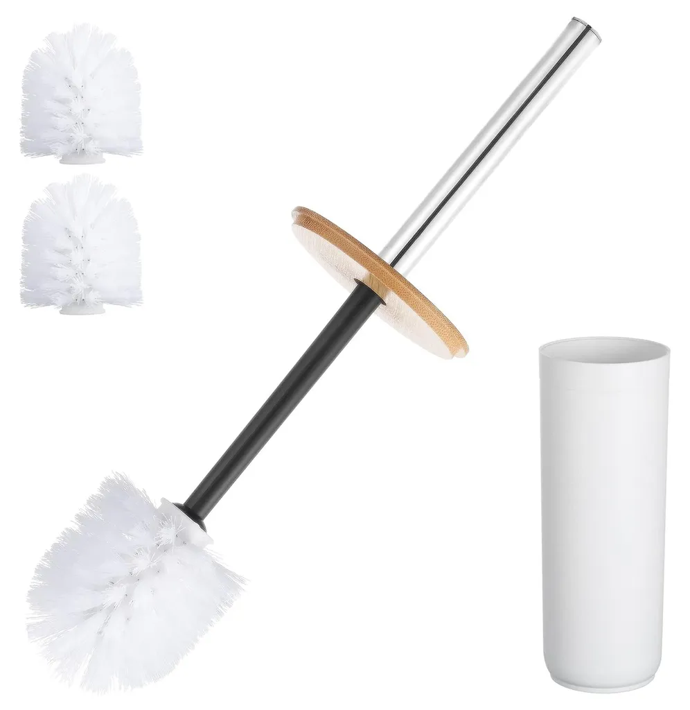 Ensemble brosse de toilette blanche avec 3 têtes en bambou et support