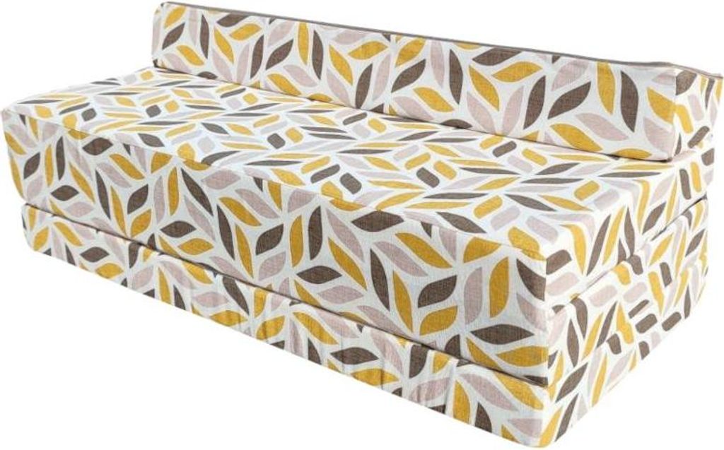 A folded mattress or sofa bed with a leaf-like pattern.