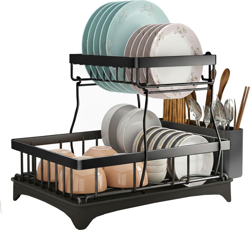 Abtropfgestell Geschirrablage für Spüle,zweistöckiger GeschirrtrockenständerGeschirrständer mit Utensilienhalter für Küchentheke, große Kap...