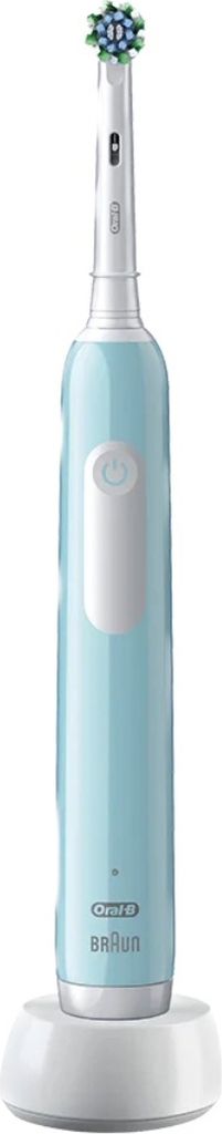 A light blue electric toothbrush with a white charging base, isolated on a white background.
