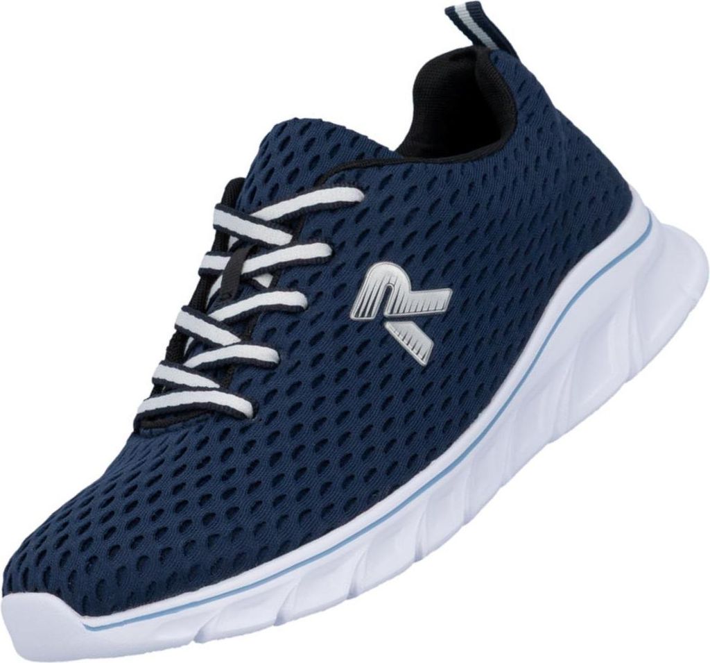 Auf dem Bild ist ein blauer Freizeitschuh zu sehen der aus einer seitlichen Perspektive betrachtet wird. Der Schuh zeichnet sich durch sein modernes Design und die auffällige Farbe aus.