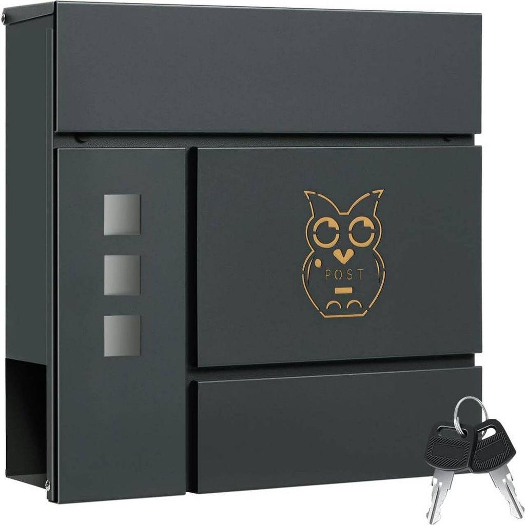 A dark gray mailbox with an owl design and the word "POST" is shown against a white background. Two keys are placed in the bottom right corner.