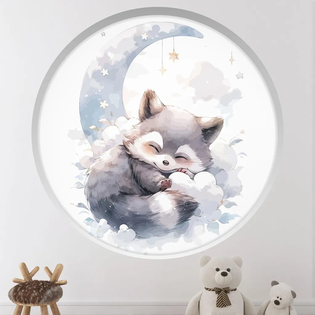 Sticker Mural Arche 90cm Lumaléa - Design Raton Laveur sur Lune Bleue