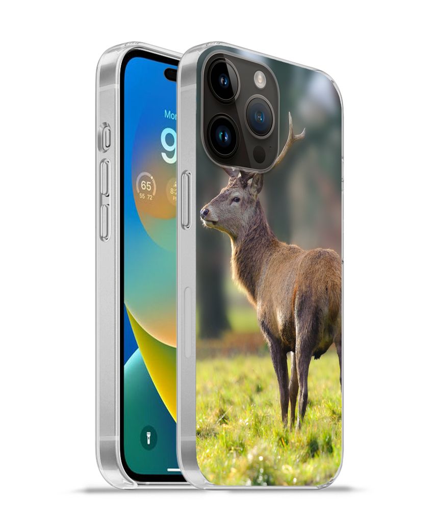 MuchoWow Handyhülle Schutzhülle Hülle für Apple iPhone 14 Pro Max Rothirsch - Wiese - Grün Silikon Softcase Handy Hülle - Hardcover