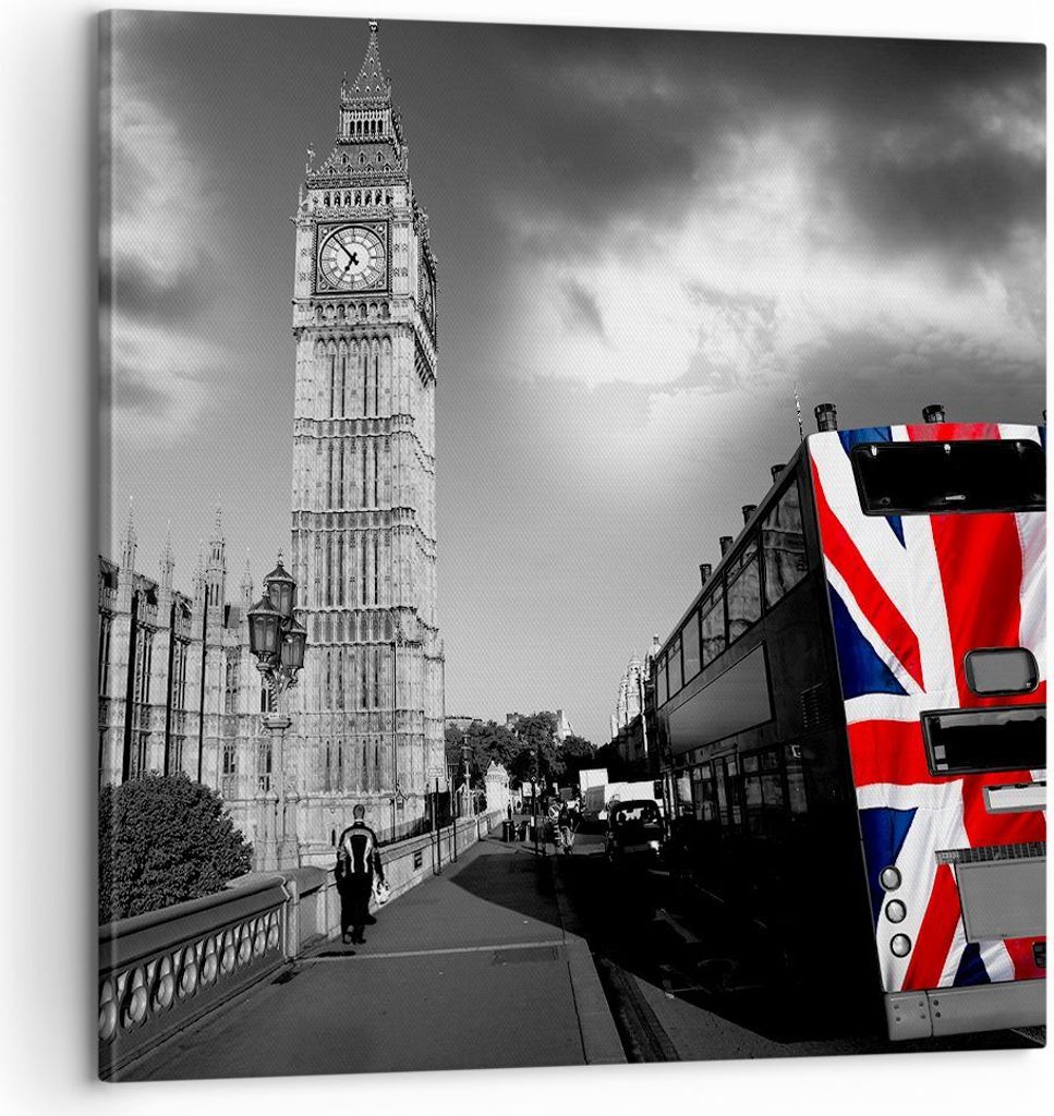 Bild auf Leinwand - Leinwandbild - Bus London Big Ben Gebäude - 60x60cm - Wand Bild - Wanddeko - Leinwanddruck - Bilder - Kunstdruck - Wanddekorat...