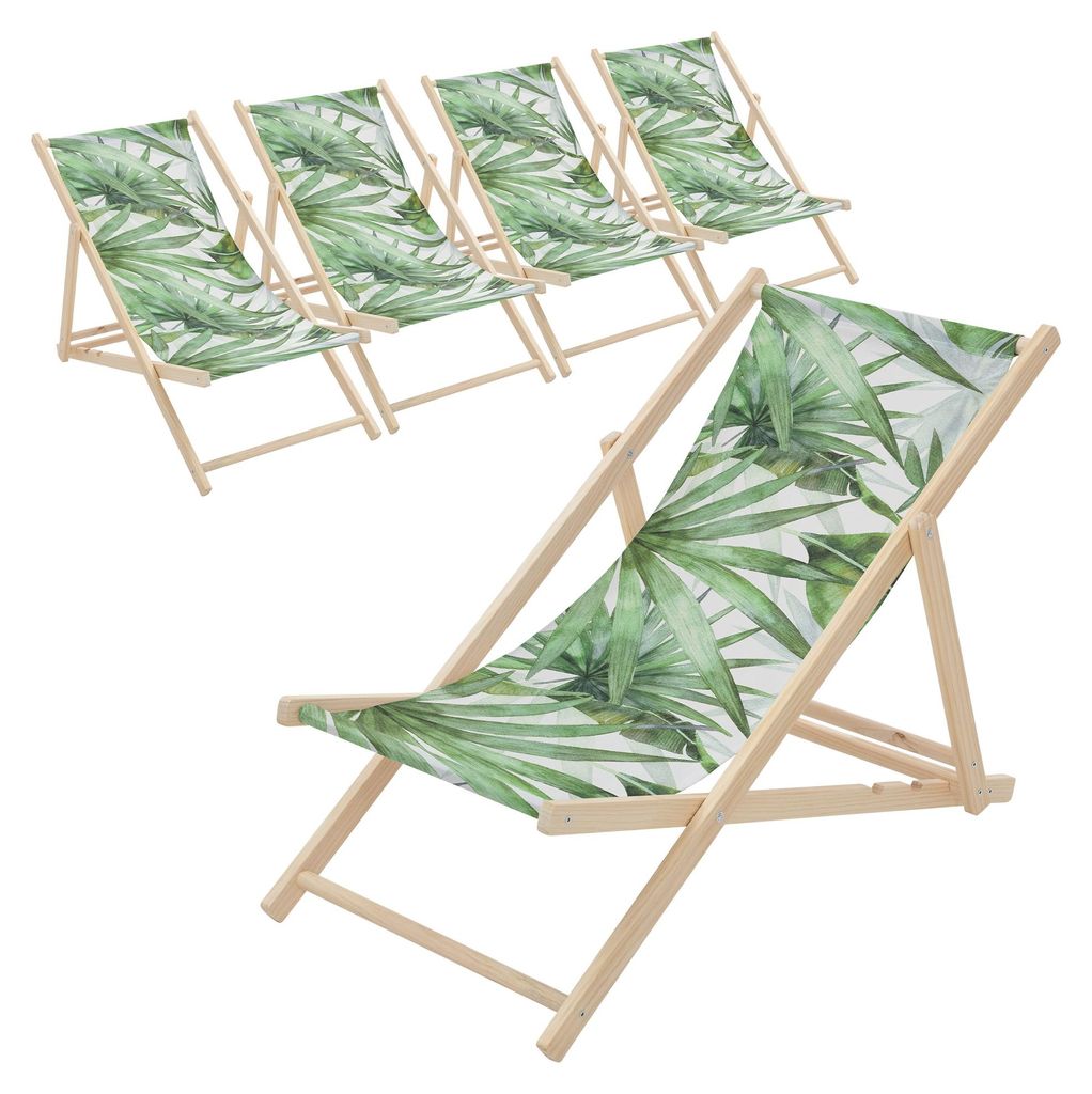 ECD Germany 5er Set Liegestuhl klappbar Palme Grün-Weiß aus Holz Sonnenliege mit 3-Fach verstellbarer Rückenlehne Strandliege für Garten Balkon
