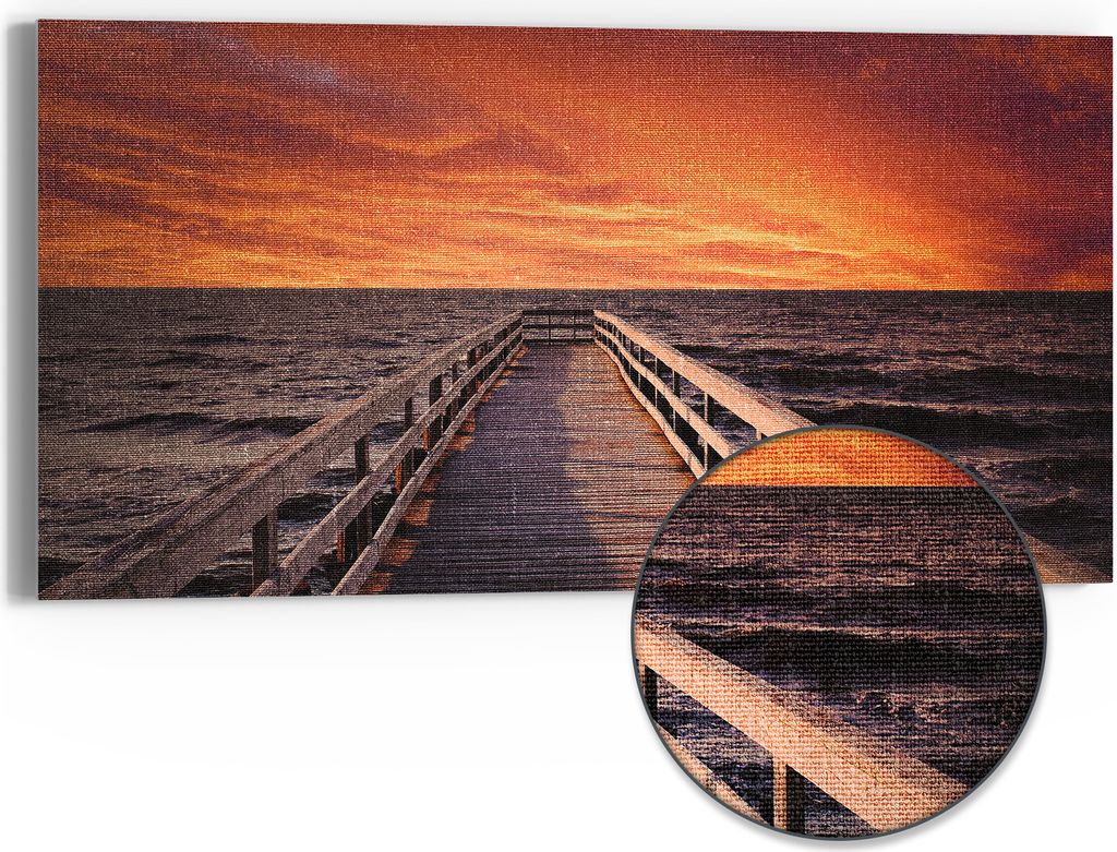 DEQORI Hybrid Leinwand Bild 60x30 cm 'Steg ins Abendrot' Wandbild Glas flach modern