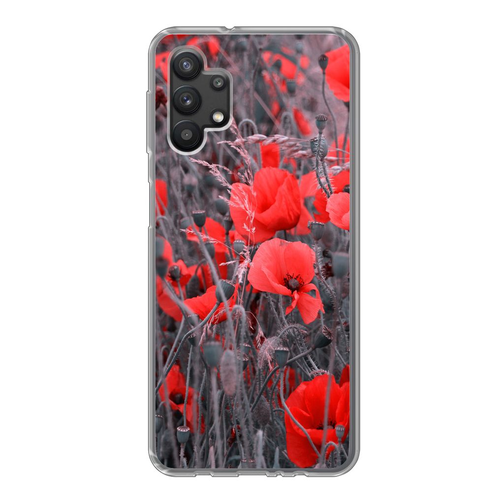 MuchoWow Handyhülle Schutzhülle Hülle für Samsung Galaxy A32 5G Rote Mohnblumen in einem Schwarz-Weiß-Bild Silikon Softcase Handy Hülle - S...