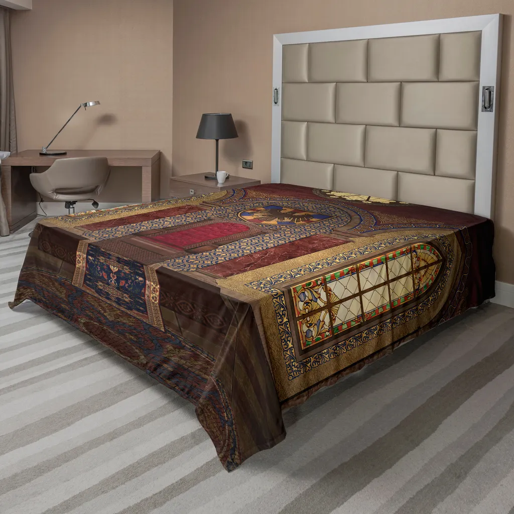 ABAKUHAUS Lenzuolo gotico, trono medievale rosso, ritratto dell'aquila su muro, stampa di edifici antichi di fantasia, lenzuolo morbido e confortevole per un letto decorativo, 1 pezzo, 260 cm x 228 cm, marrone rubino