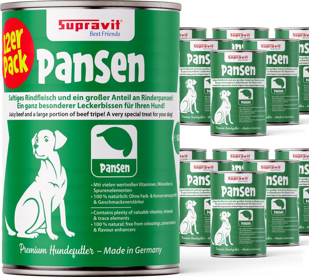 Supravit Hundenassfutter mit Pansen 12 x 410g Dosen | Nassfutter getreidefrei mit hohem Fleischanteil für Hunde