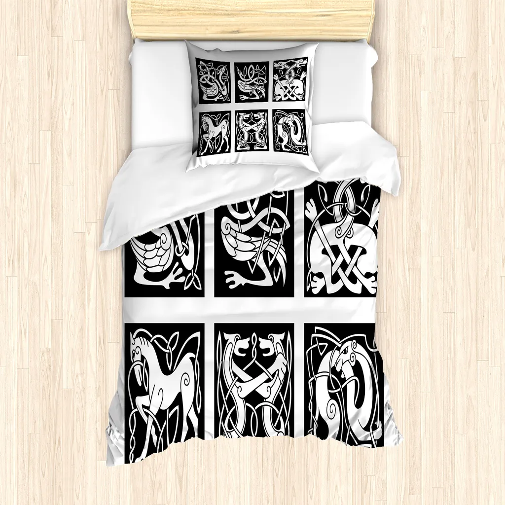 ABAKUHAUS Set copripiumino celtico per letti singoli, animali tribali astratti, antiacaro, adatto a chi soffre di allergie, con federa, 135 cm x 200 cm - 80 x 80 cm, bianco e nero