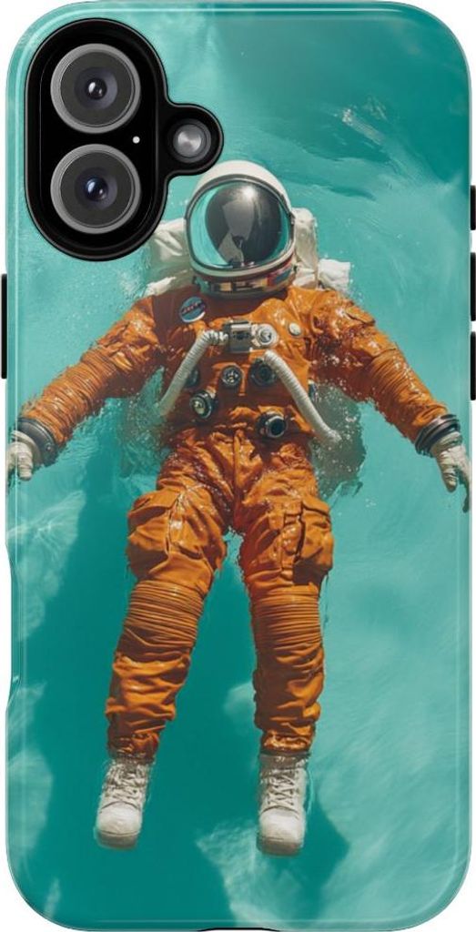 Schwebender Astronaut im orangefarbenen Anzug auf türkisfarbenem Wasser – Hülle Kompatibel mit iPhone 16 Plus