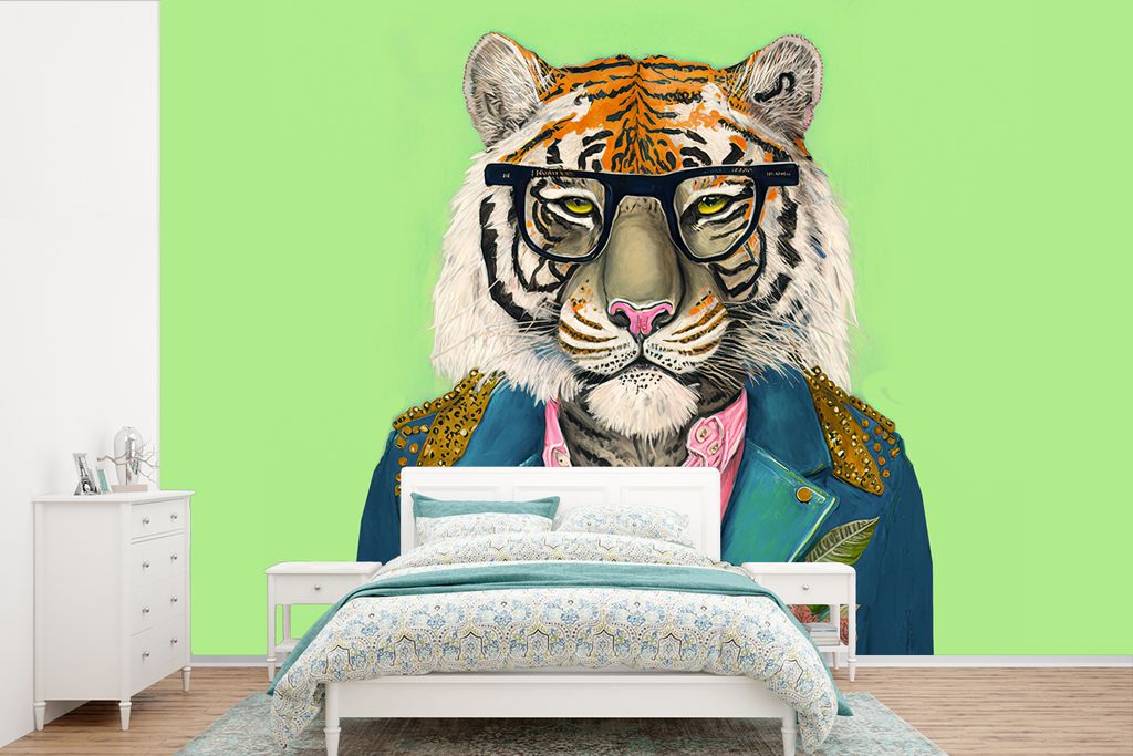 MuchoWow Fototapete für Wohnzimmer oder Schlafzimmer Wandtapete Vinyl Motivtapete Blumen - Brillen - Tiger - Tiere - Safari - 600x400 cm - Vinyl...