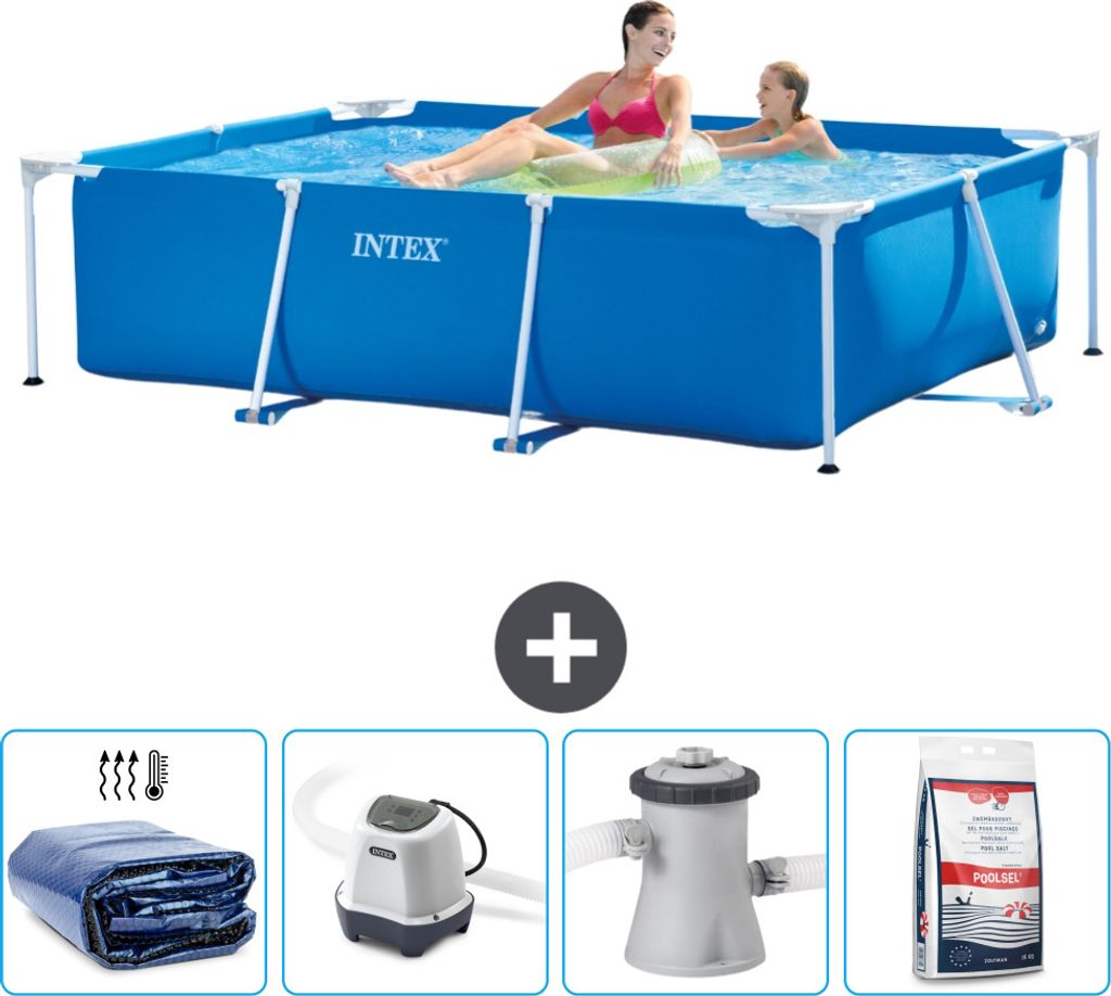 A collage showing an Intex rectangular swimming pool with people in it, and four smaller images of accessories: a rolled-up cover, a filter pump, a filter housing, and a bag of pool salt.