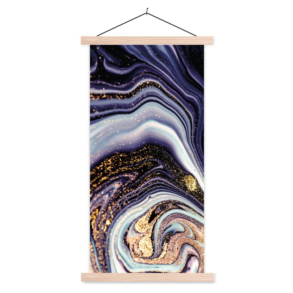 MuchoWow Textilposter Marmor - Lila - Luxus - Marmoroptik - Glitzer 60x120 cm mit holzfarbenen Rahmen - Holz
