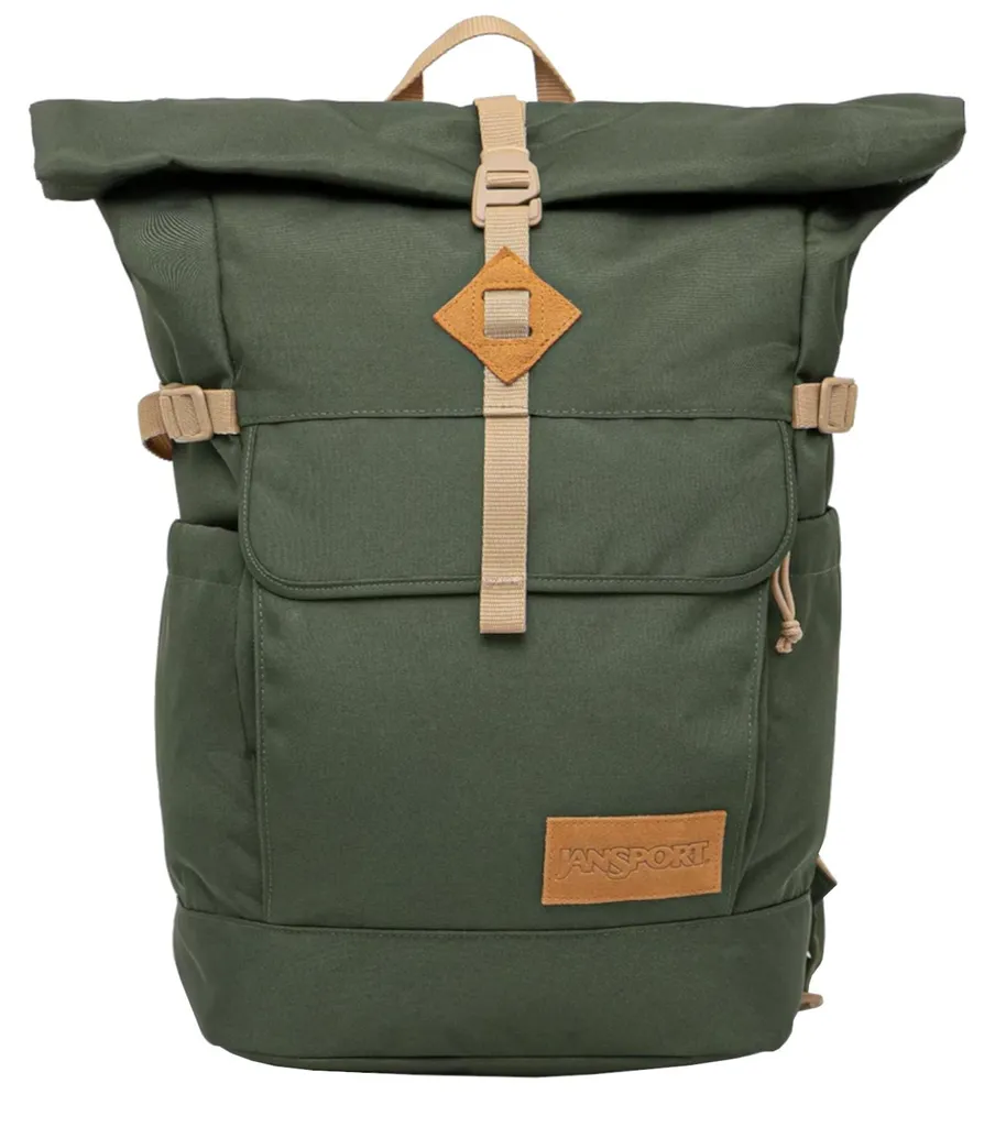 Sac à dos JanSport vert résistant avec fermeture rolltop et grand compartiment