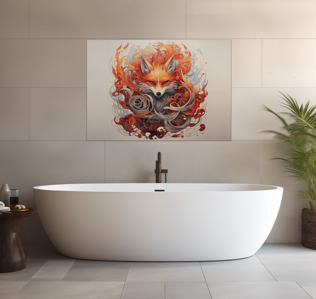 Wallario wasserfestes Poster selbstklebend 70 x 100 cm, Flammenfuchs, Badezimmerposter Spritzschutz mit Hochglanzoberfläche in Glasoptik
