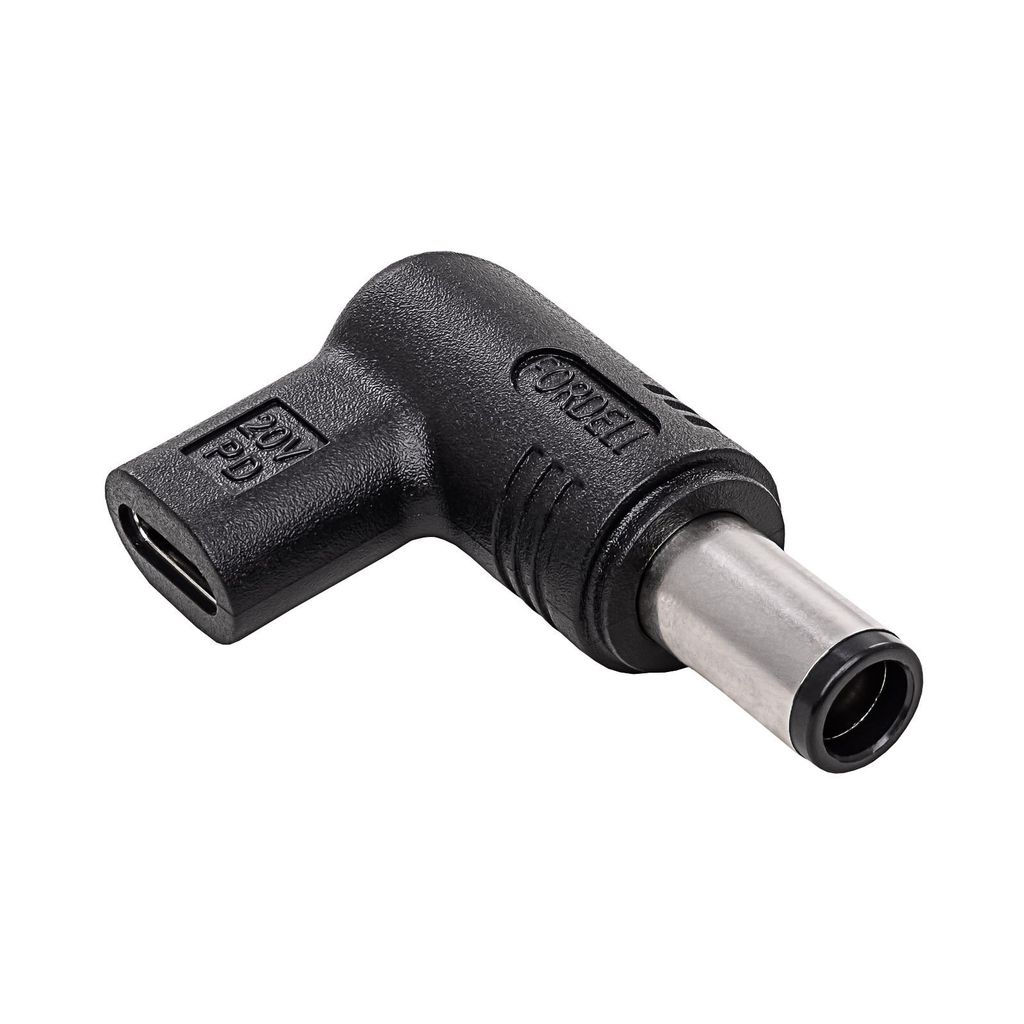 A black adapter with a USB-C connector on one end and a barrel connector on the other, shown against a white background.