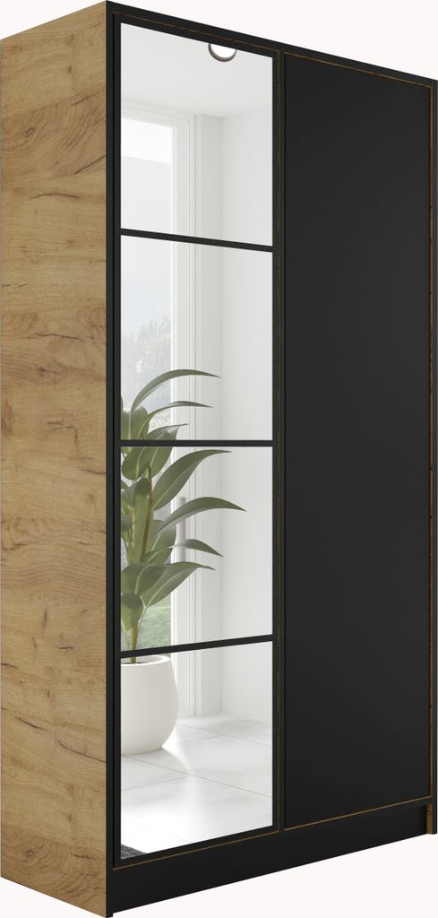 A wardrobe with a wood-effect side and a mirrored door section.