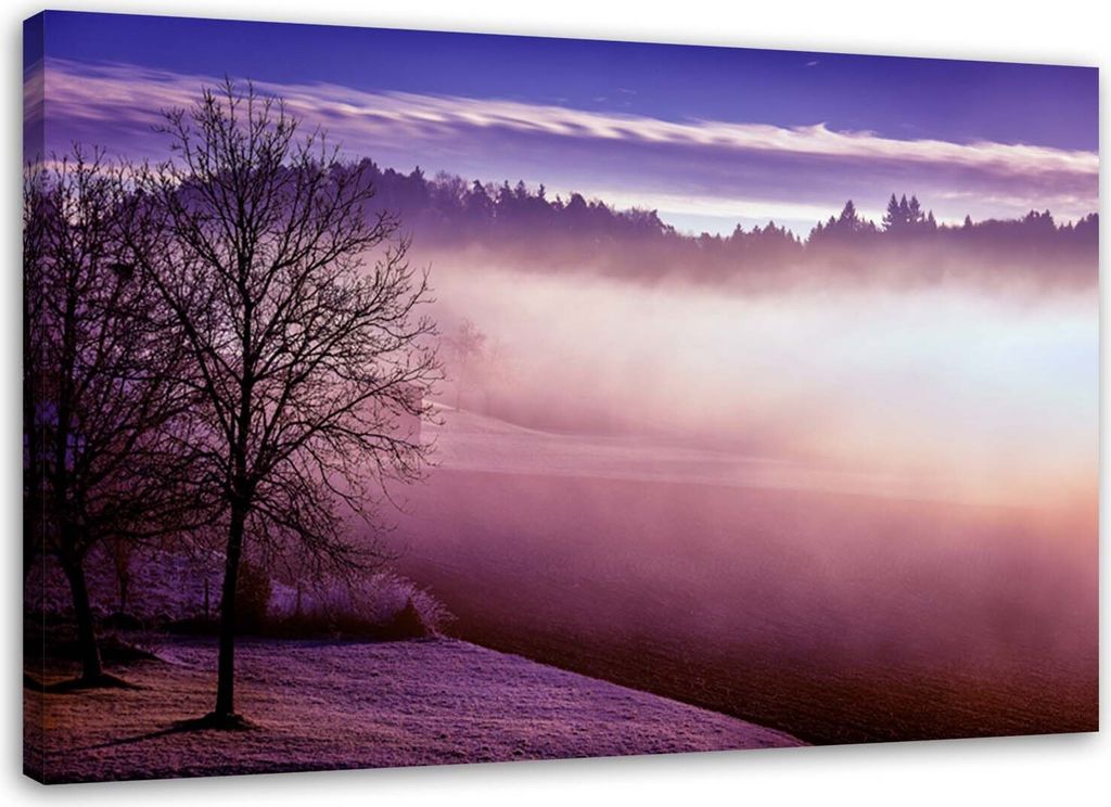 Leinwandbild nebel über einer seelandschaft lila 90x60 cm Feeby lila wandbild bereit zum aufhängen
