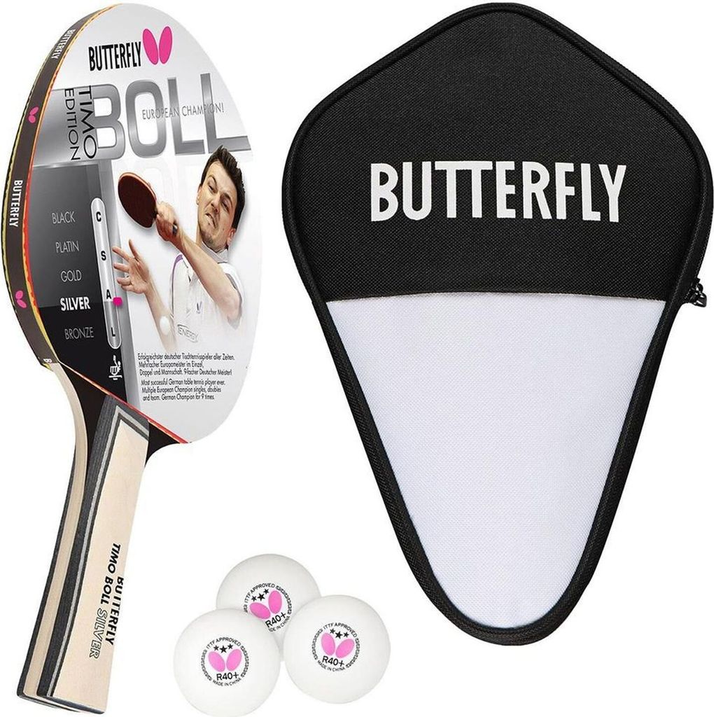 Butterfly 1x Timo Boll Silber 85015 Tischtennisschläger + Tischtennishülle + 3x 40+ 3*** Tischtennisbälle | Tischtennisset Tischtennis Set TT Ta...