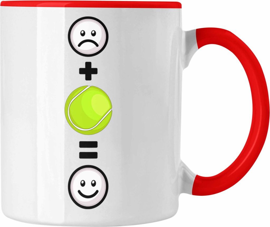 Trendation - Tennis Tasse Geschenk für Tennisspieler Männer Frauen Lustige Geschenkidee :( + Tennisball = :) Geburtstag (Rot)
