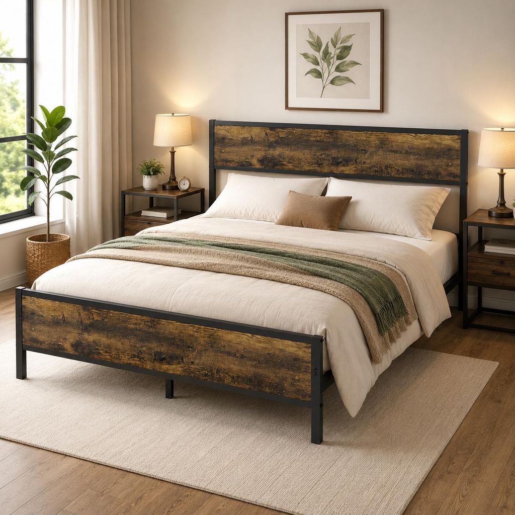 Metallbett 140x200 cm Vintage Bettgestell mit Holzoptik Kopf- und Fußteil, stabil bis 360 kg, Stauraum unter Bett, Schwarz Industrie Design