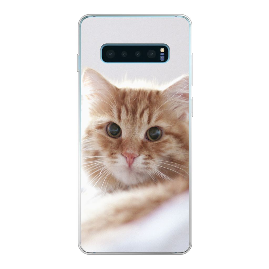 MuchoWow Handyhülle Schutzhülle Hülle für Samsung Galaxy S10 Plus Katze - Rot - Bett - Mädchen - Kinder - Jungen Silikon Softcase Handy Hül...