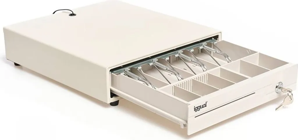 Tiroir-caisse automatique blanc 42cm avec 5 compartiments à billets