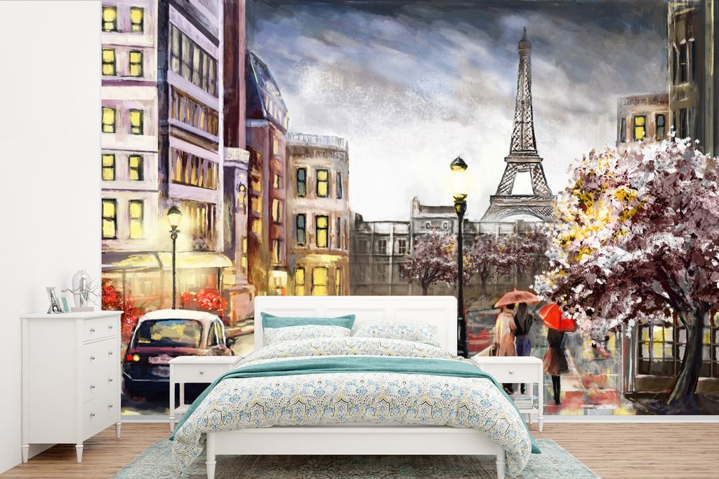 MuchoWow Fototapete für Wohnzimmer oder Schlafzimmer Wandtapete Vinyl Motivtapete Gemälde - Paris - Frankreich - Öl - 525x350 cm - Das Hinterg...
