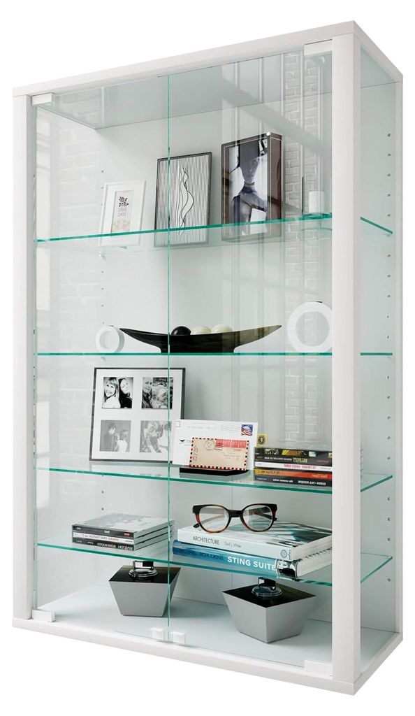 Hängende Glasvitrine, Vitrine aus ESG-Sicherheitsglas, Maße: H. 91 x B. 60 x T. 25 cm, moderne und platzsparende Glasvitrine