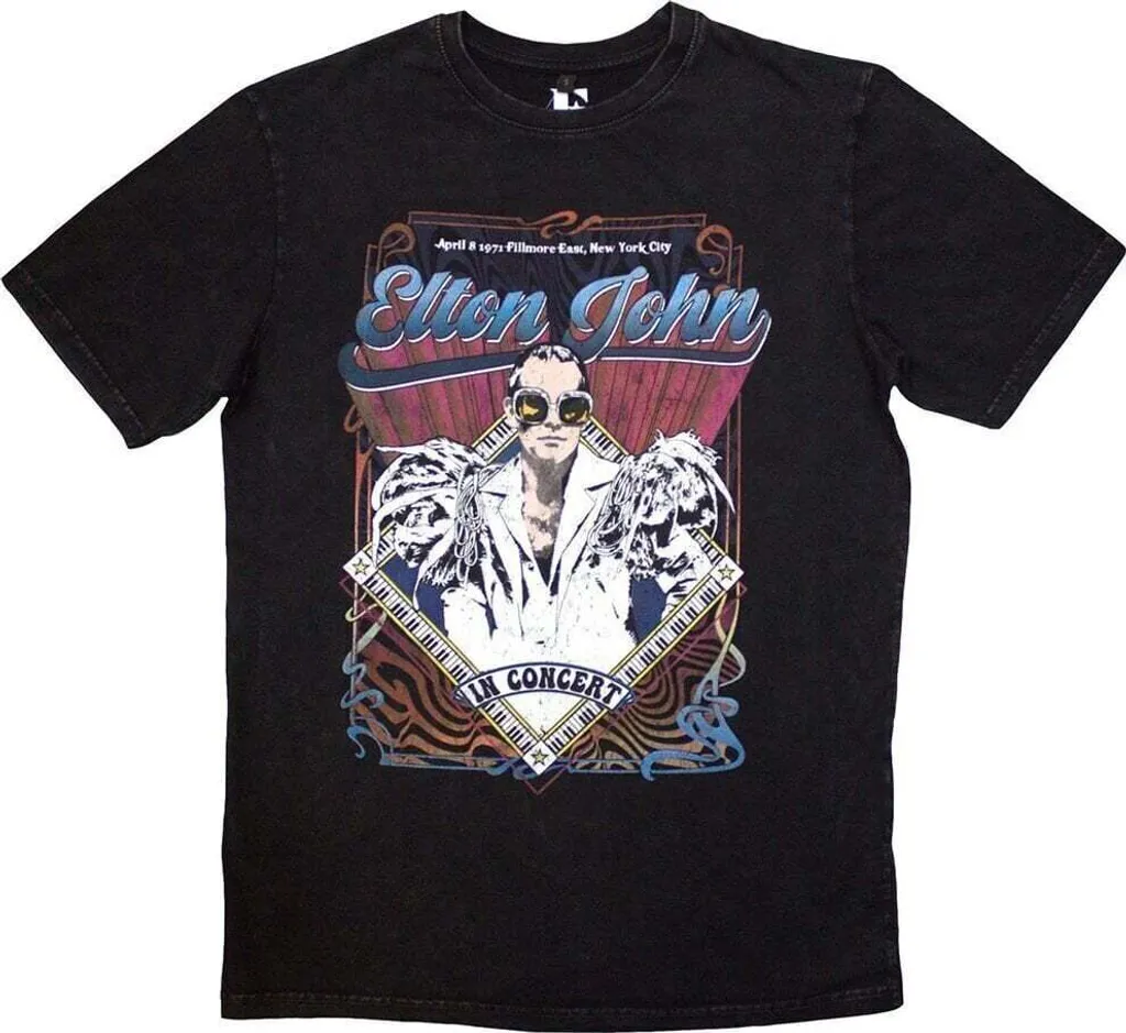 T-shirt Elton John Psych pour Look Rock Vintage Noir Délavé Taille M