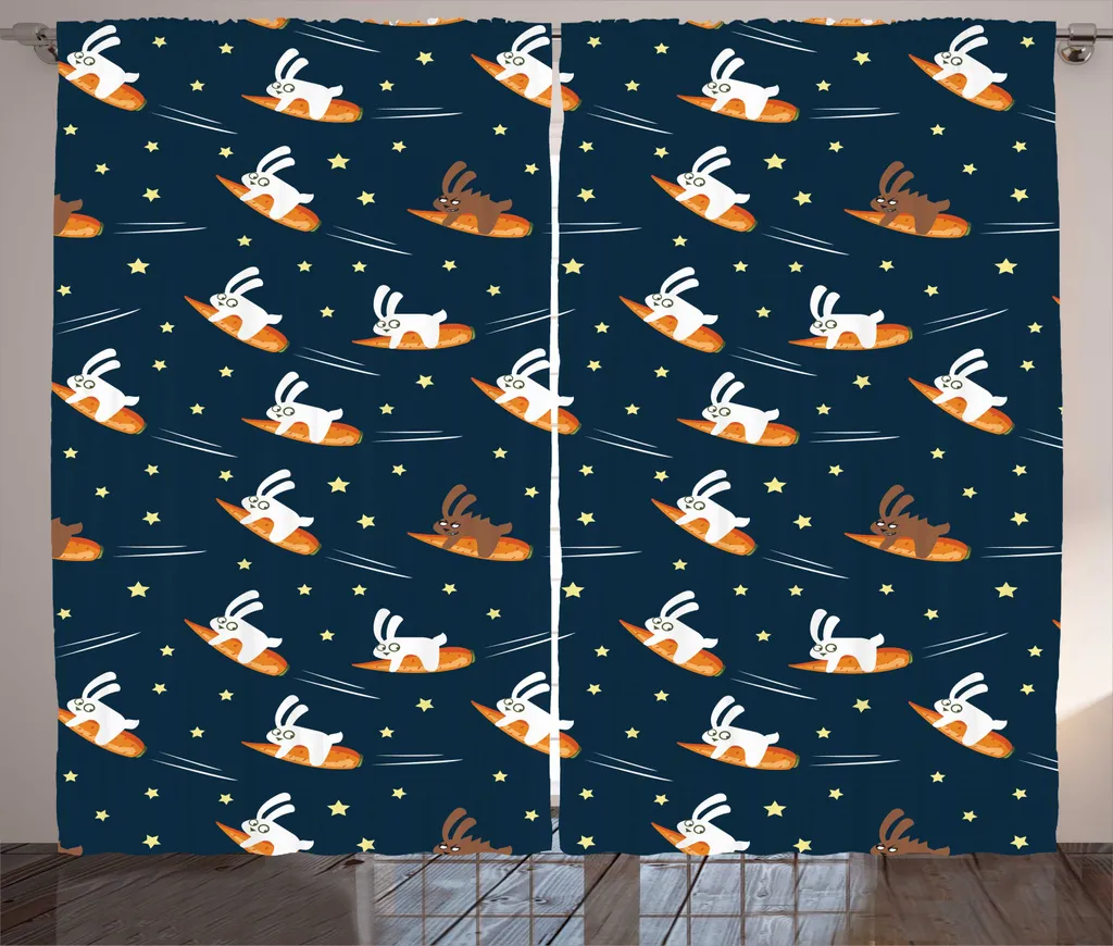 Rideaux de Chambre Enfant pour Grande Fenêtre Thème Lapin Bleu et Orange