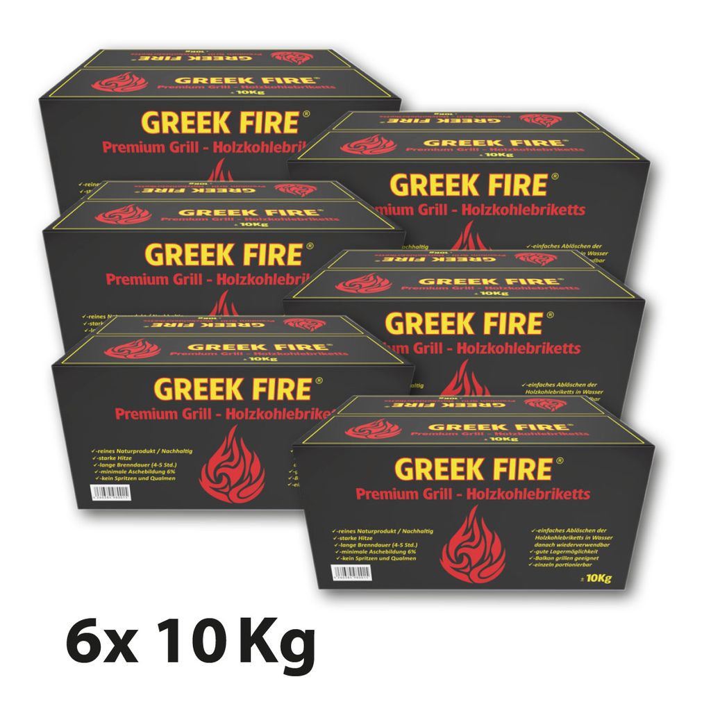 GREEK FIRE Premium Grill Holzkohlebriketts 6 x 10 kg Produktbild 