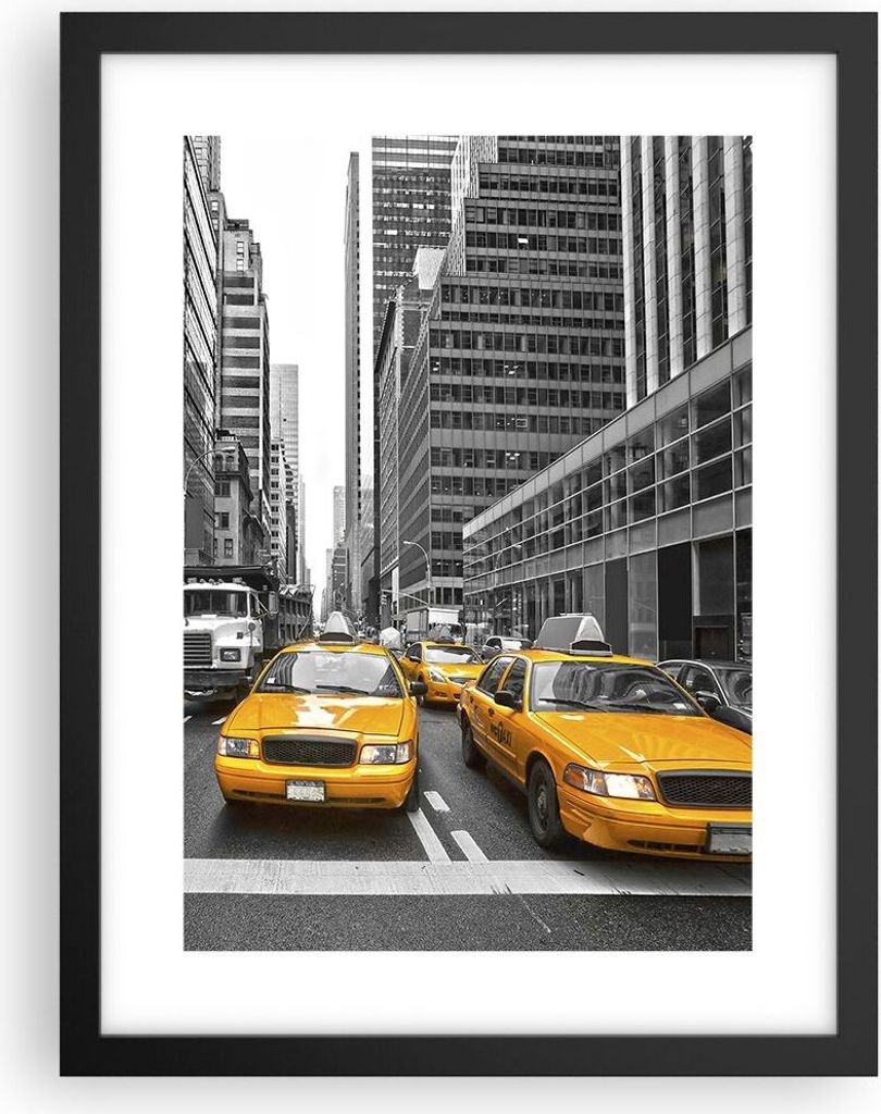 Gerahmtes Poster - Schwarzer Rahmen - Taxi Stadt Straße Transport - 30x40 cm - Wand Bild - Wanddeko - Wandbilder - Wandposter - Bilderrahmen - Bil...