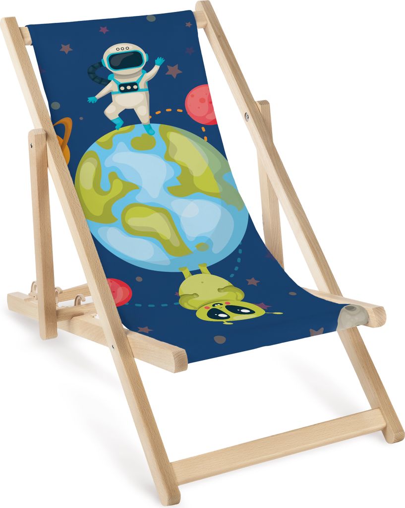 Kinder Liegestuhl klappbar aus Holz mit Astronauten-Motiv – Kinder Klappstuhl Klappliege Sonnenstuhl Strandstuhl Gartenliege