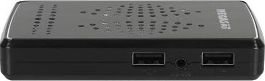 A black electronic device with ventilation holes on top and USB ports on the front.